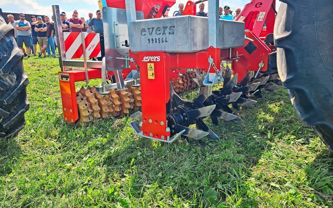 Hier wird mit einer Stachelwalze die Grasnarbendurchlüftung unterstützt.