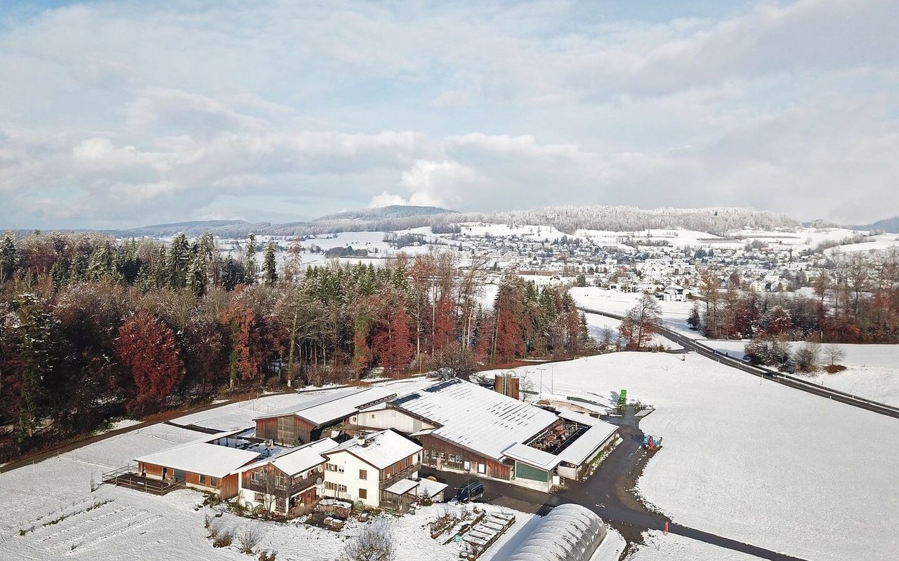 Luftaufnahme des Betriebs Stöckweid, in winterlich verschneiter Landschaft.