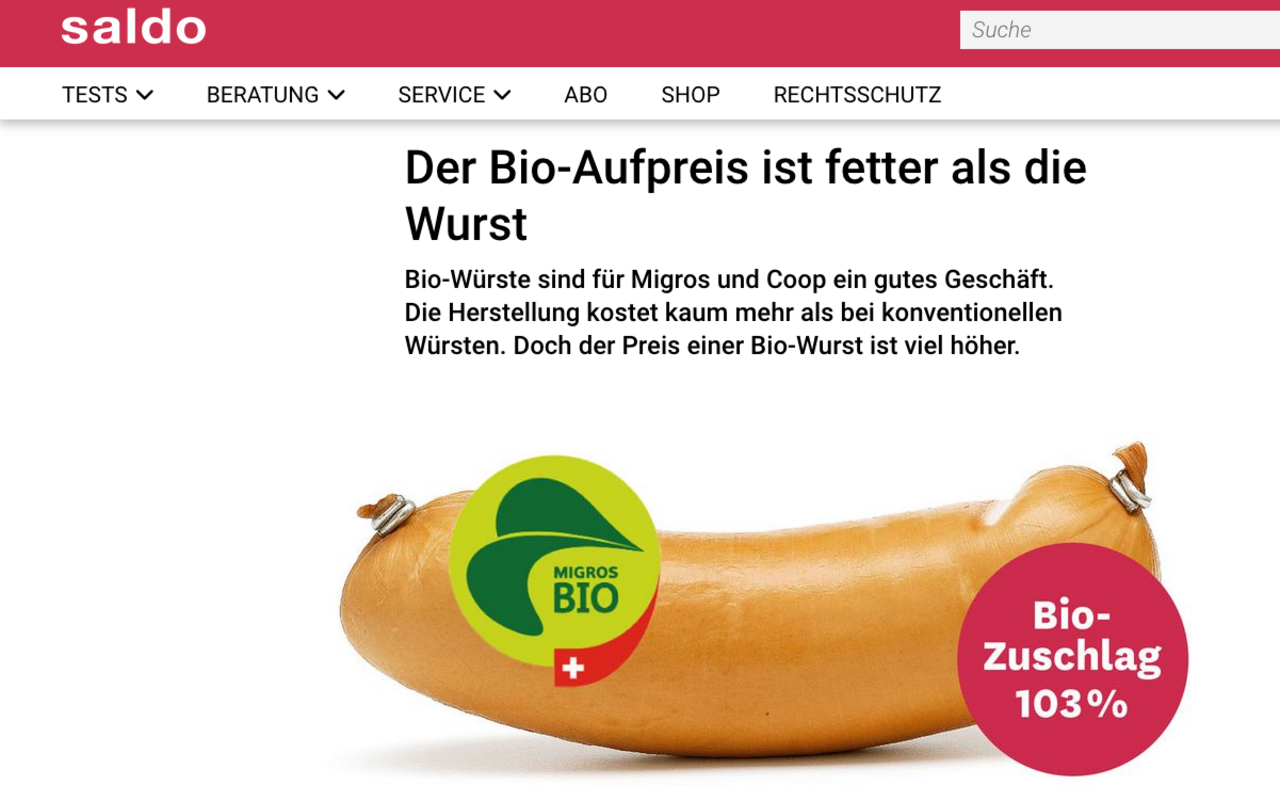 Titelgeschichte «Der Bio-Aufpreis ist fetter als die Wurst» der Konsumentenzeitschrift «Saldo»