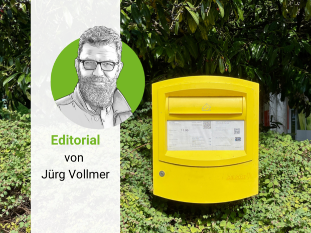 Gezeichnetes Porträt von Jürg Vollmer neben einem Post-Briefkasten.
