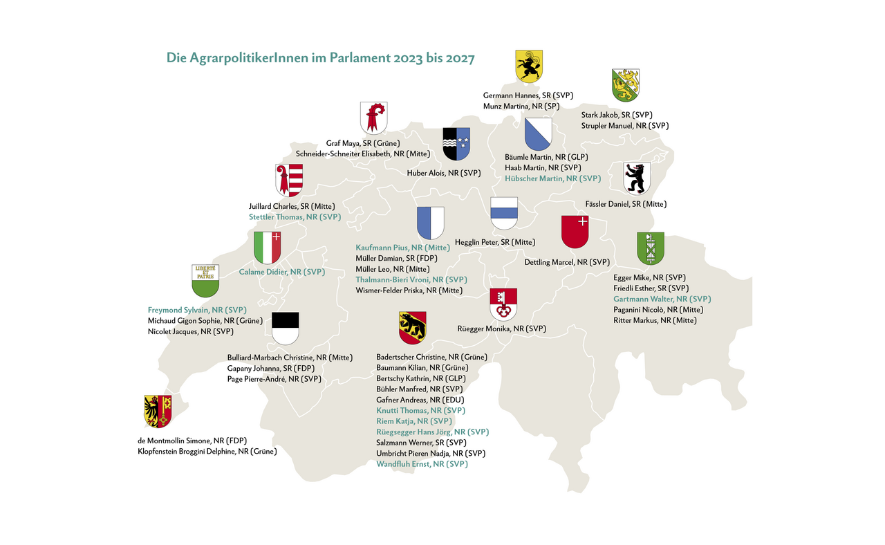 Schweizer Karte zeigt die neuen, landwirtschaftsnahen PolitikerInnen pro Kanton.
