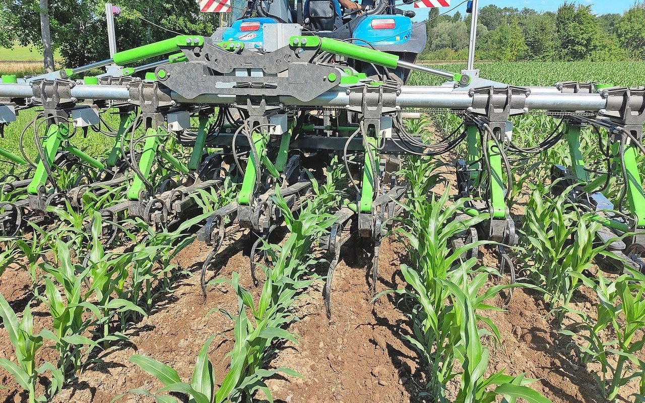 Sieben Hackkörper werden einzeln in ihrer Arbeitsbreite eingestellt. Die Regelung erfolgt mit einer Bilderkennungssoftware.