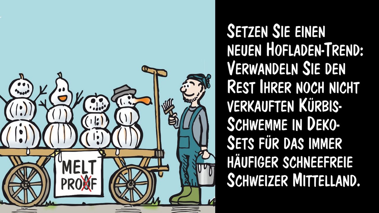 Aus Kürbissen werden Deko-Schneemänner. Cartoon: Marco Ratschiller/Karma