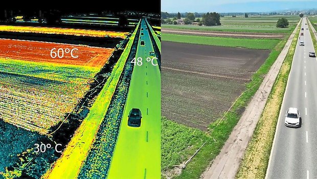 Der bearbeitete Acker links (rot) erhitzt sich an einem heissen Sommertag auf 60 Grad, während die Strasse «nur» 48 Grad warm ist. 