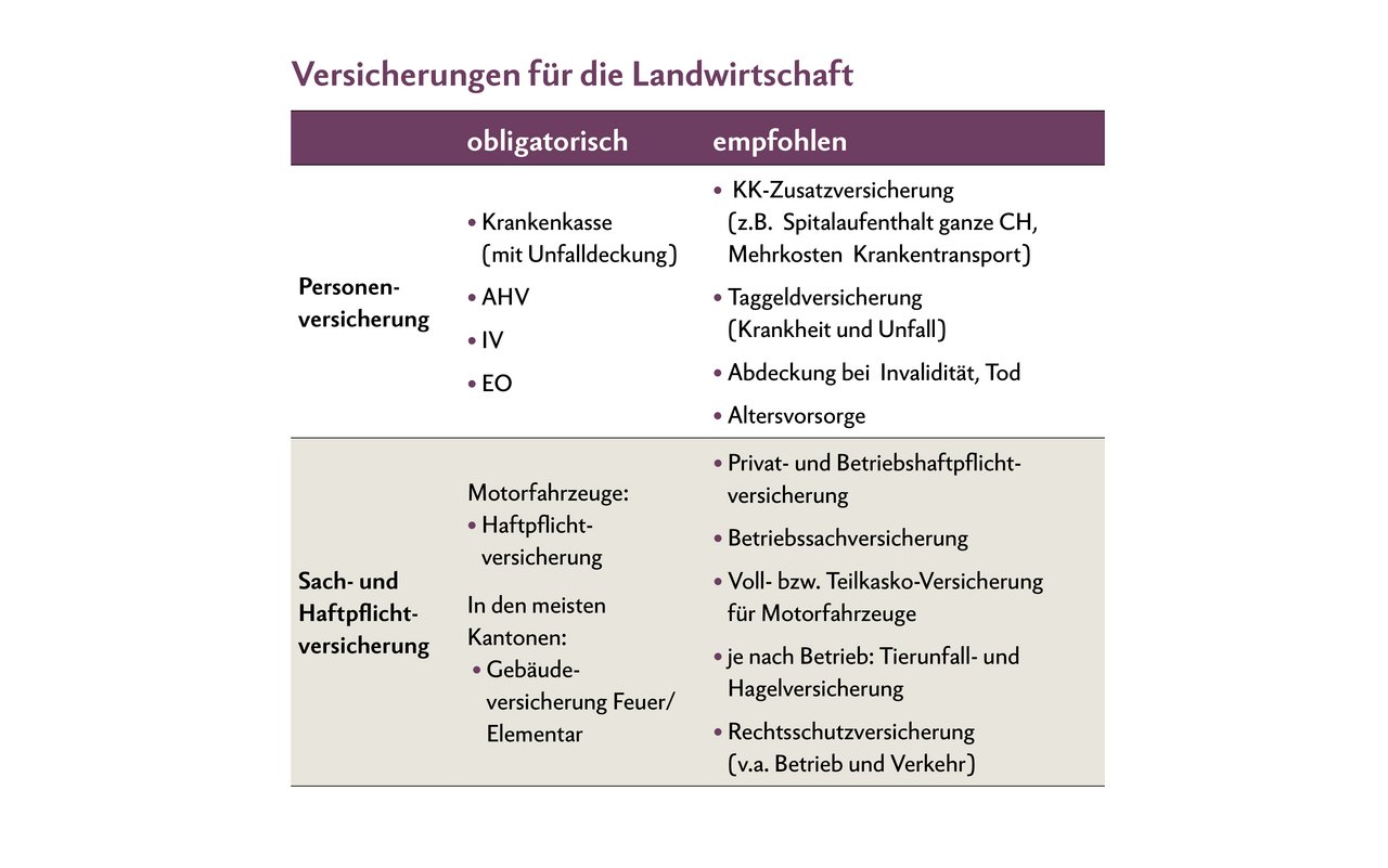 Die Tabelle beleuchtet die Versicherungssituation aus Sicht Betriebsleiter und der mitarbeitenden Familienmitglieder.