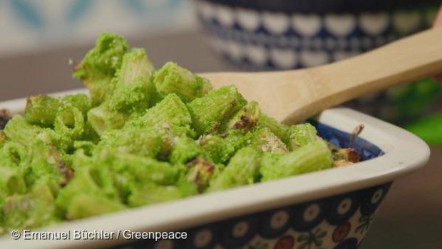 Dieser Gratin ist nicht nur farblich grün, sondern auch gut fürs Klima. Drei weitere unkomplizierte Rezepte laden zum Nachkochen ein. (Bild Greenpeace)