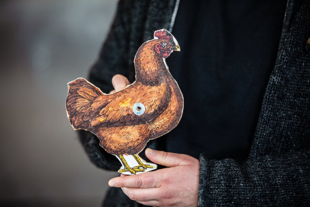 … und ihnen beibringen, Rampen zu benutzen, genauso wie diese sich bewegende Huhn-Attrappe aus Holz. Bild: Pia Neuenschwander