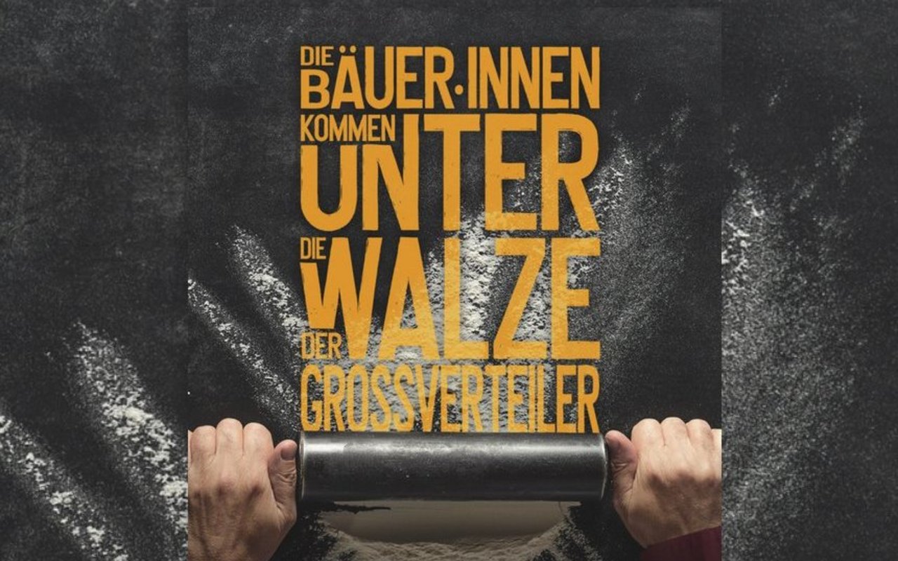 Uniterre-Plakat «Die BäuerInnen kommen unter die Walze der Grossverteiler»