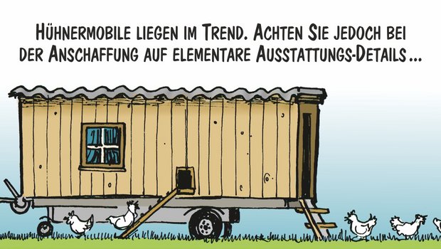 Der Teufel liegt auch beim Hühnermobil im Detail. Cartoon: Marco Ratschiller/Karma