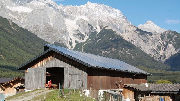 Aussenansicht eines Stalls, auf dessen Dach eine Photovoltaikanlage installiert ist.