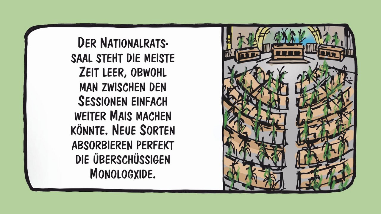 Mais aus dem Nationalratssaal: Cartoon von Marco Ratschiller / Karma.