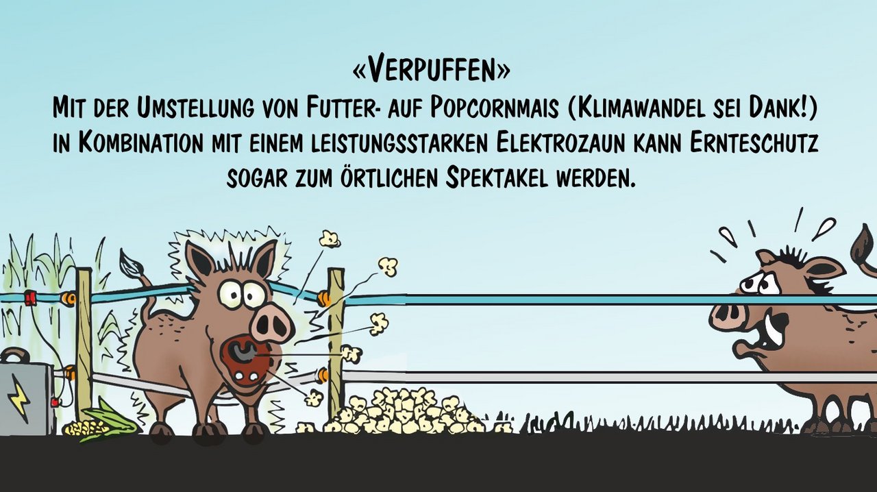 Neue Vergrämungstaktiken gegen Wildschäden. Cartoons von Marco Ratschiller / Karma für «die grüne»
