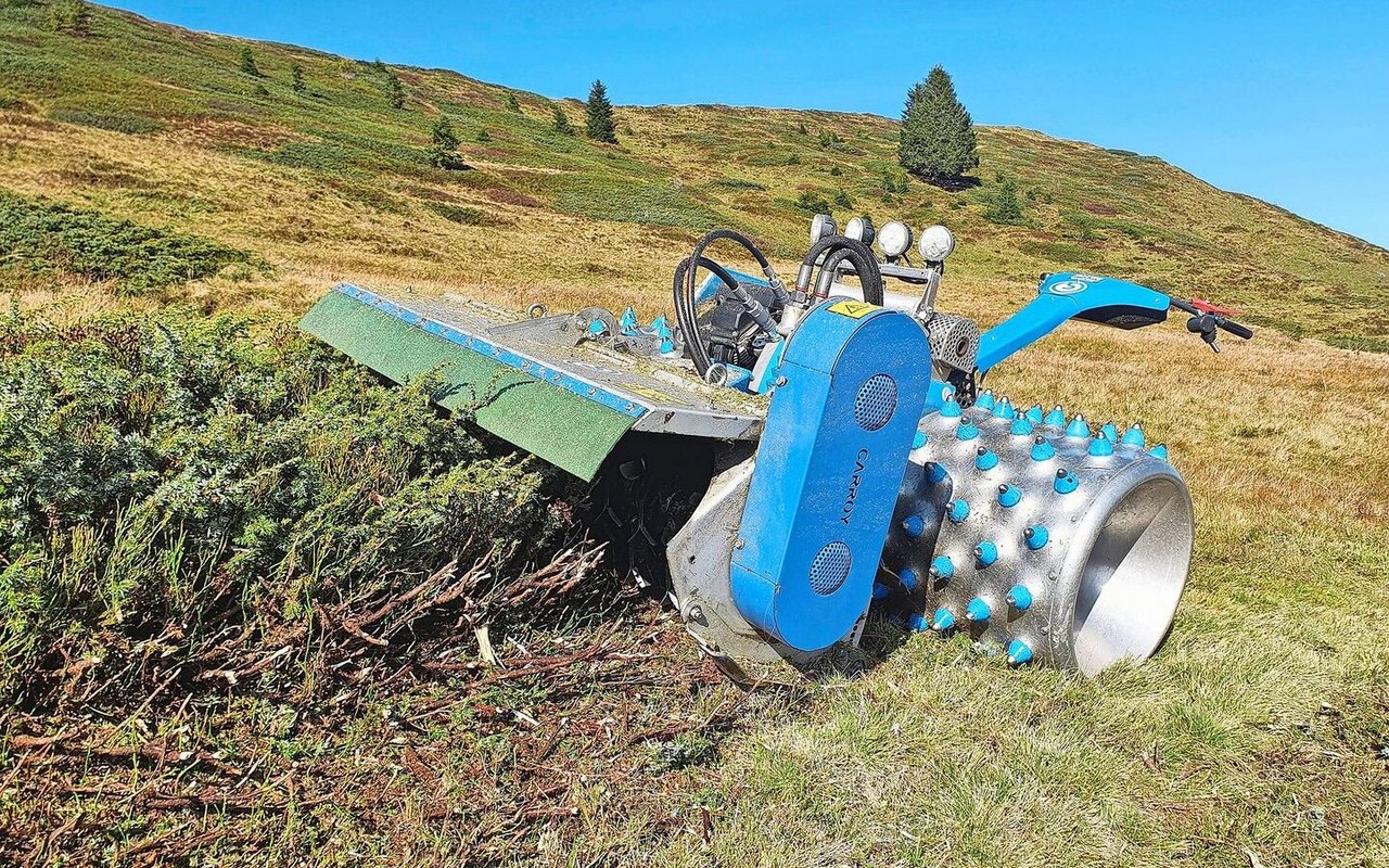 Bei steileren Flächen kommt ein Einachsgeräteträger zum Einsatz. Nach dem Mulchen müssen die Flächen wieder in eine gezielte Weidenutzung überführt werden.