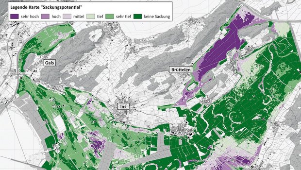 Die violetten Bereiche zeigen, wo noch hohes Potenzial besteht, dass Absackungen des Bodens zu erwarten sind. 