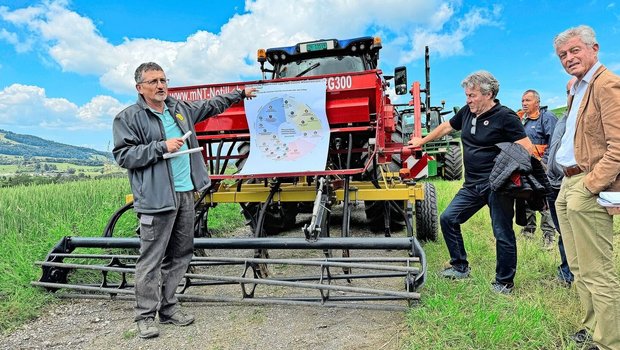 «Jetzt ist der Zeitpunkt ideal, um sich Gedanken zur Gründüngungsmischung und Saattechnik zu machen», rät Bernhard Streit, links im Bild, den Teilnehmern des zweiten Produzententags. Er verweist auf das Merkblatt von IP-Suisse zum Anbau von pflanzenschutzmittelfreiem Winterweizen. 
