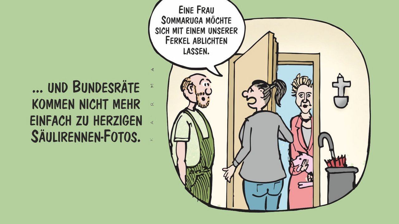 Der Karikaturist Marco Ratschiller / Karma zeigt Alternativen zu den Landwirtschaftsmessen, die sich niemand wünschen würde.