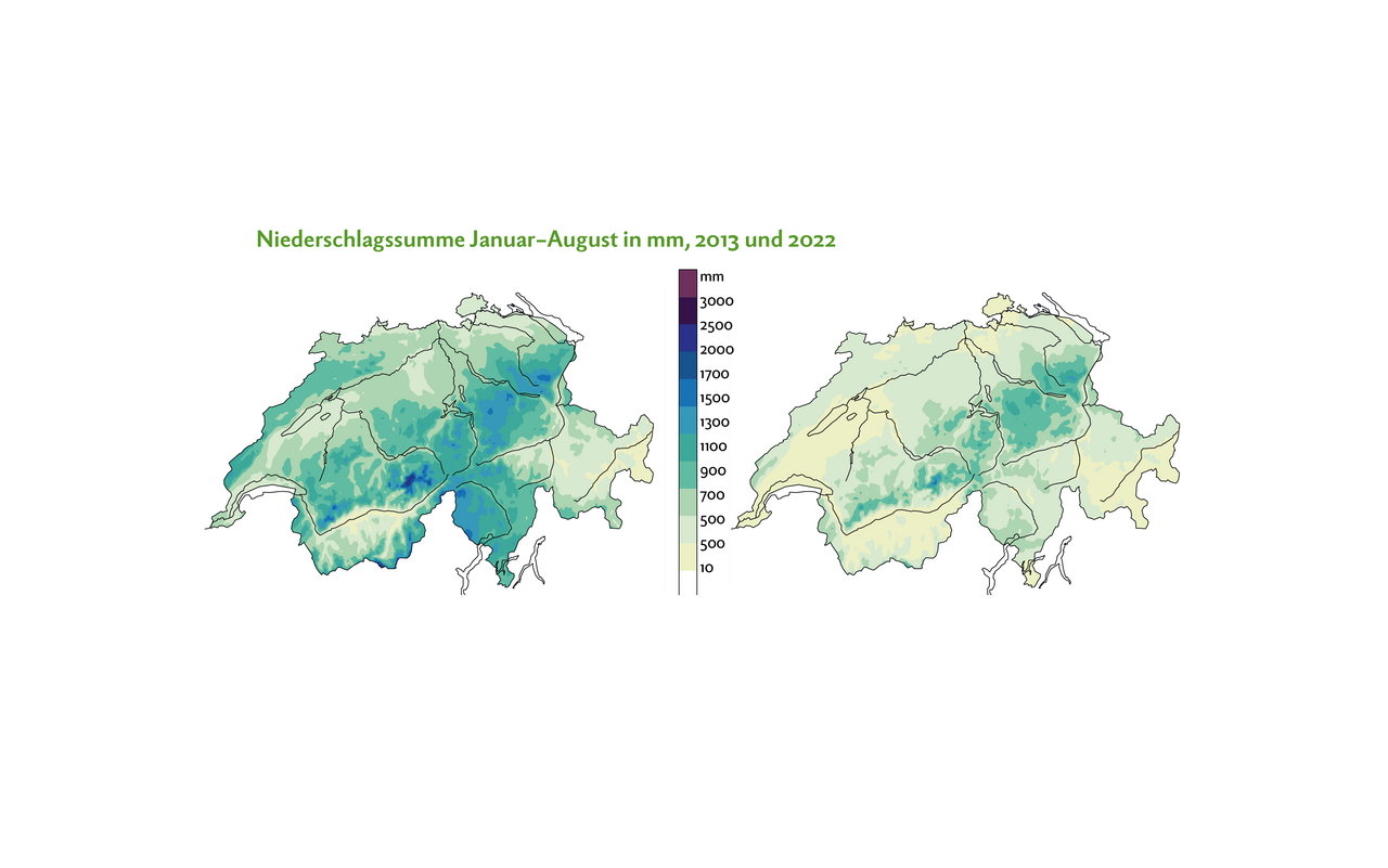 Das Jahr 2013 wird gemäss Meteo Schweiz als letztes «normales» Jahr bezüglich der Niederschlagsmenge bezeichnet (links). Das Jahr 2022 (rechts) brachte im Vergleich zu 2013 deutlich weniger Regen im selben Messzeitraum.