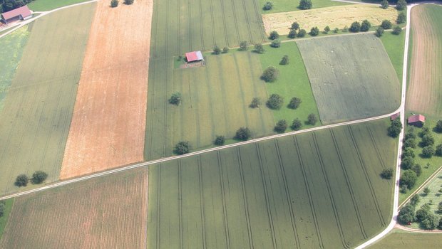 Co2-Zertifikate in der Landwirtschaft Eine Luftaufnahme von Schweizer Kulturland, mit vielen kleinen Feldern.