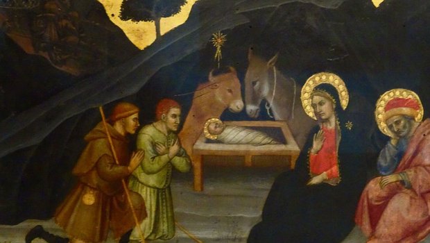 Krippenszene der Anbetung Jesu durch die Hirten an der Krippe mit Ochs und Esel, gemalt von Taddeo di Bartolo (1362–1422), Pinacoteca Nazionale, Siena, Italien. 