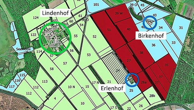 Der grüne Bereich verbleibt bei der JVA Witzwil. Der rote Bereich wird für den Landabtausch verwendet. Zum Verteilen an die lokalen Bewirtschafter bleibt nur noch der blaue Bereich.   