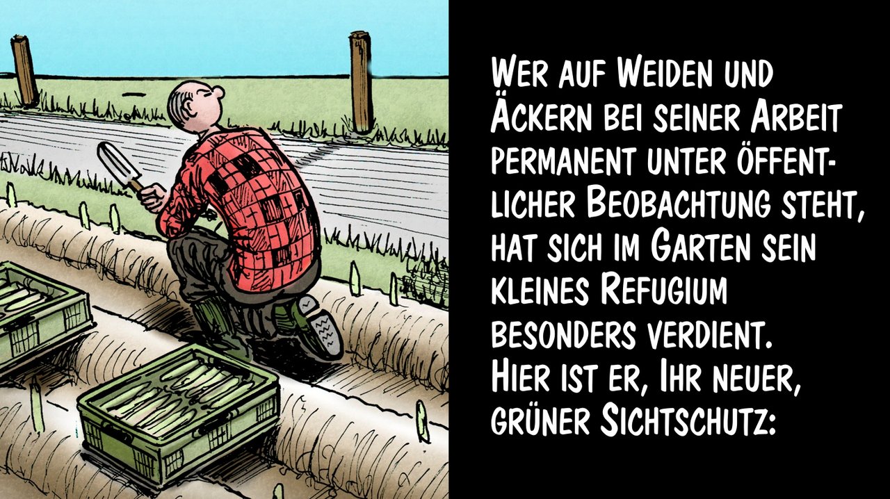 Ein Refugium für Landwirte dank Sichtschutz. Cartoon: Marco Ratschiller/Karma