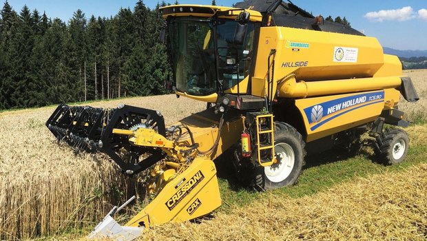 Mähdrescher erntet Getreide