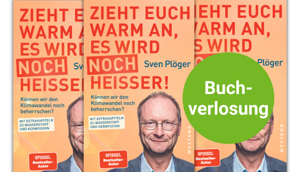 das Cover des Buchs ist dreimal abgebildet. Im Vordergrund prangt ein grüner Kreis, in dem "Buchverlosung" steht.