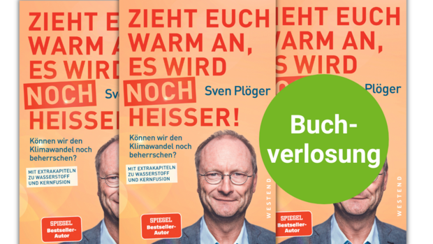 «Zieht euch warm an, es wird noch heisser!» das Cover des Buchs ist dreimal abgebildet. Im Vordergrund prangt ein grüner Kreis, in dem "Buchverlosung" steht.