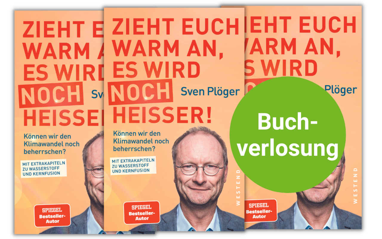 das Cover des Buchs ist dreimal abgebildet. Im Vordergrund prangt ein grüner Kreis, in dem "Buchverlosung" steht.