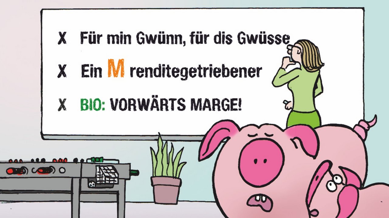 Weiter geht es mit dem Marketing. Cartoon: Marco Ratschiller/Karma 