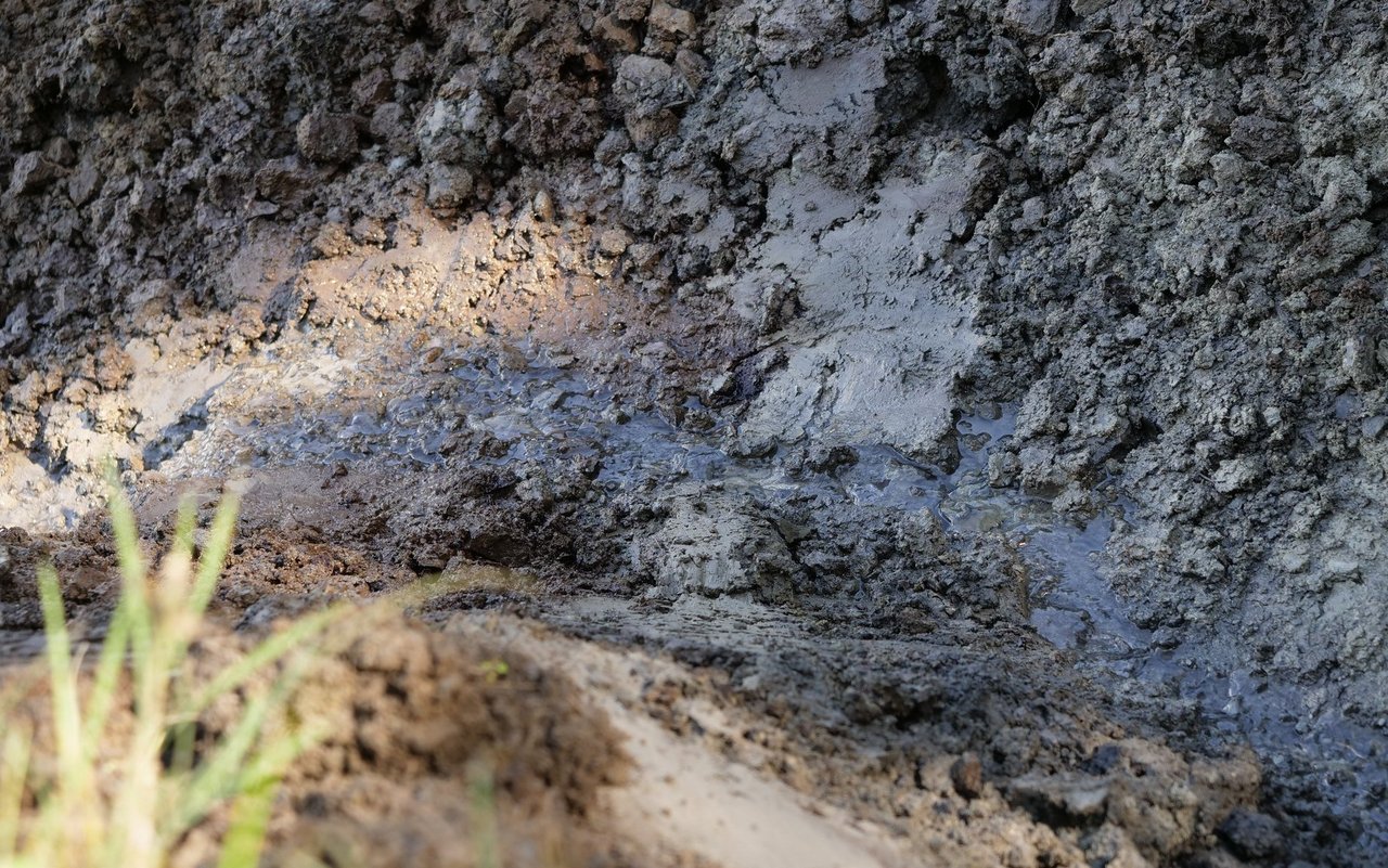 Ein dünnes Wasserrinnsal fliesst durch lehmigen Boden.