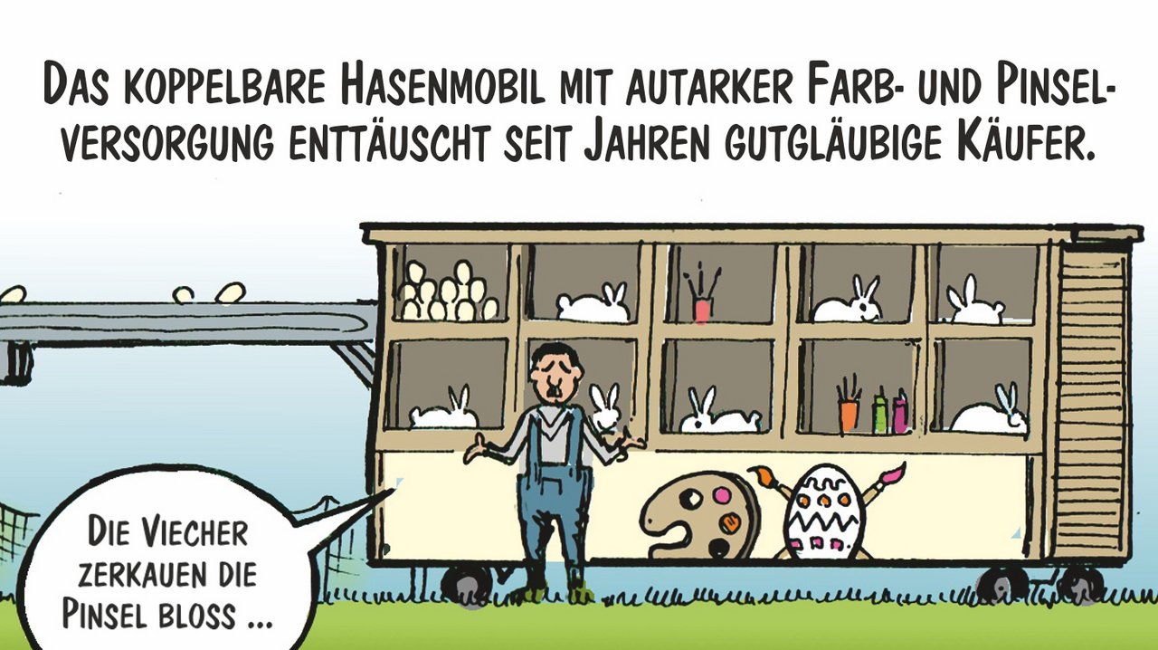 Das Hasenmobil etwa scheitert an den wenig hilfsbereiten Kaninchen. Cartoon: Marco Ratschiller/Karma