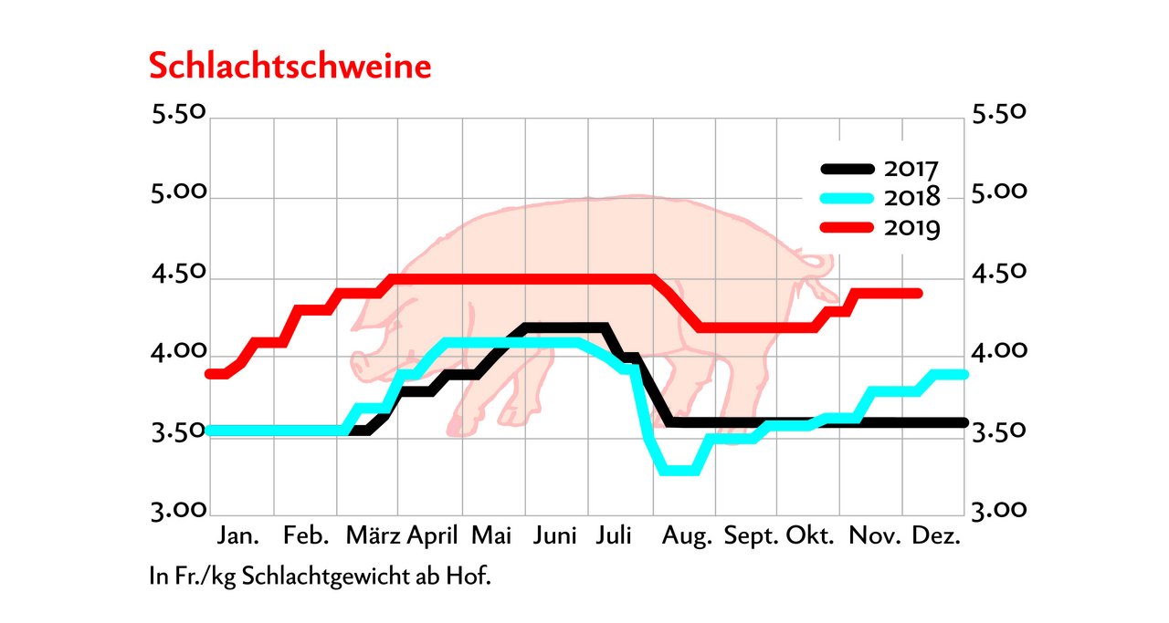 In Fr./kg Schlachtgewicht ab Hof. Auch die Schlachtschwein-Preise waren 2019 gegenüber den Vorjahren 2017 und 2018 viel höher. Grafik: BauZ