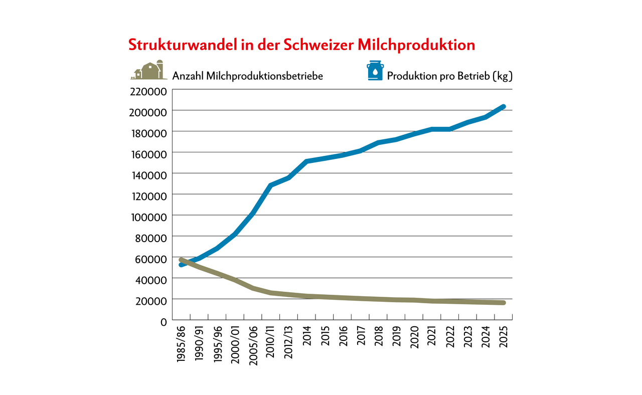 Die Schweizer Milchwirtschaft ist von einem Strukturwandel geprägt. Während die Anzahl Milchproduktionsbetriebe stark zurückgegangen ist, steigt die durchschnittliche Milchproduktion pro Betrieb.