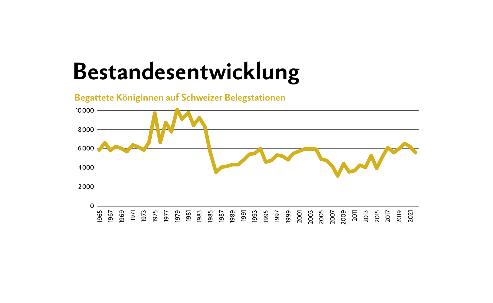 Grafik zeigt die Entwicklung der begatteten Königinnen auf Schweizer Belegstationen, zwischen 1965 und 2021.
