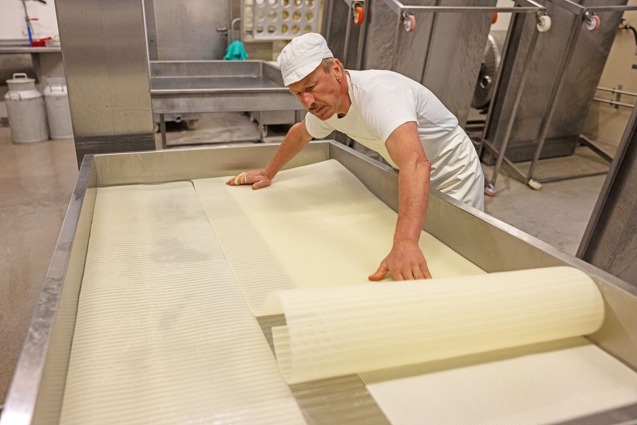 Willi Schmid bereitet die Wanne für den Blauschimmelkäse «Jersey Blue» vor.