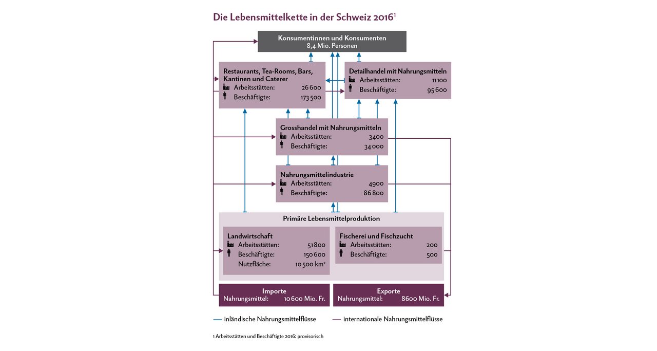 Die Lebensmittelkette umfasst den Weg von der Rohstoffproduktion in Landwirtschaft und Fischerei über die Verarbeitung und den Handel bis zur Mahlzeit auf dem Teller der Konsumenten. Quelle: BfS, Taschenstatistik Landwirtschaft und Ernährung 2019