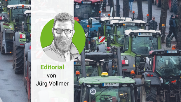 Traktoren bei den deutschen Bauernprotesten und Porträtzeichnung von «die grüne»-Chefredaktor Jürg Vollmer