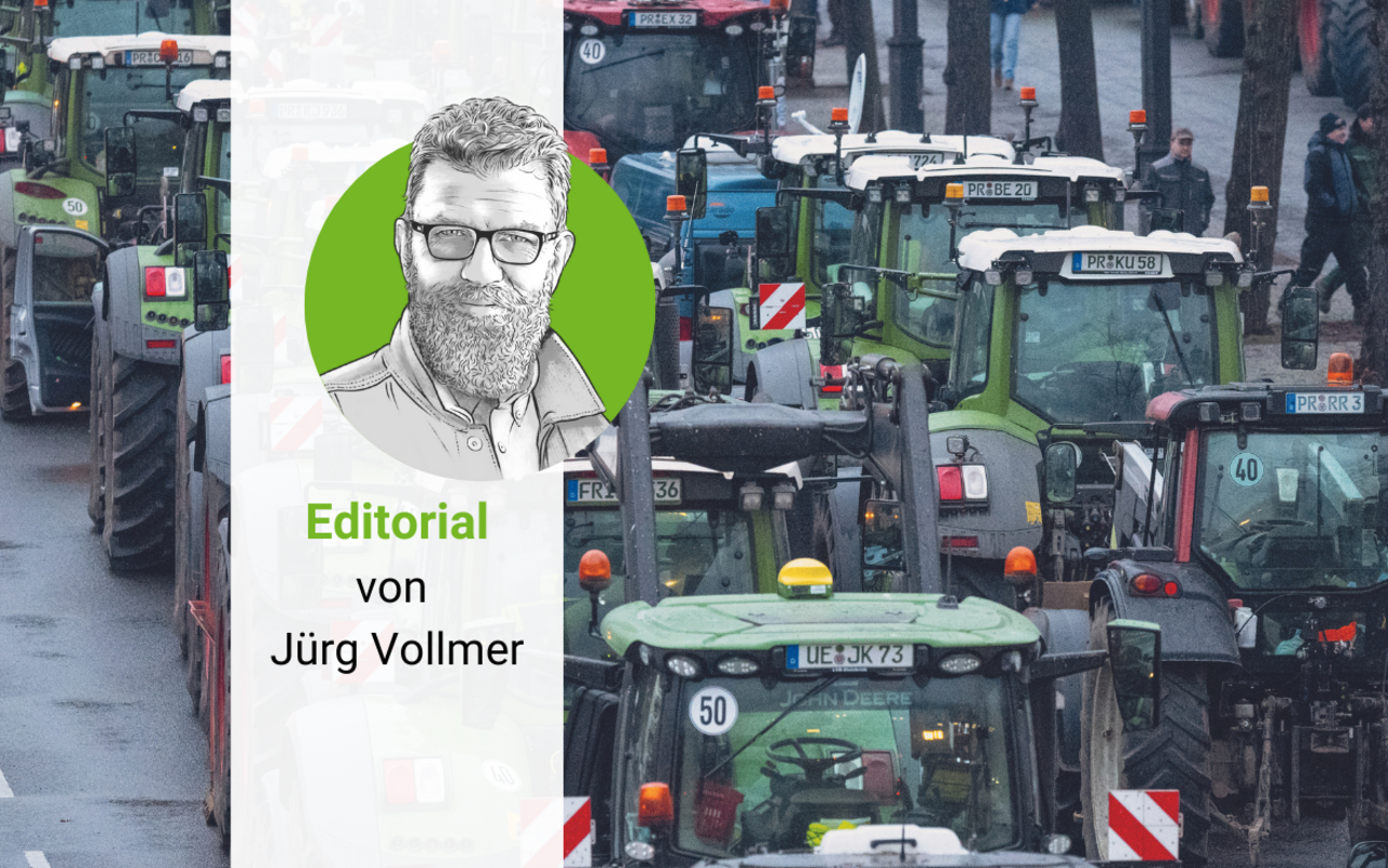 Traktoren bei den deutschen Bauernprotesten und Porträtzeichnung von «die grüne»-Chefredaktor Jürg Vollmer