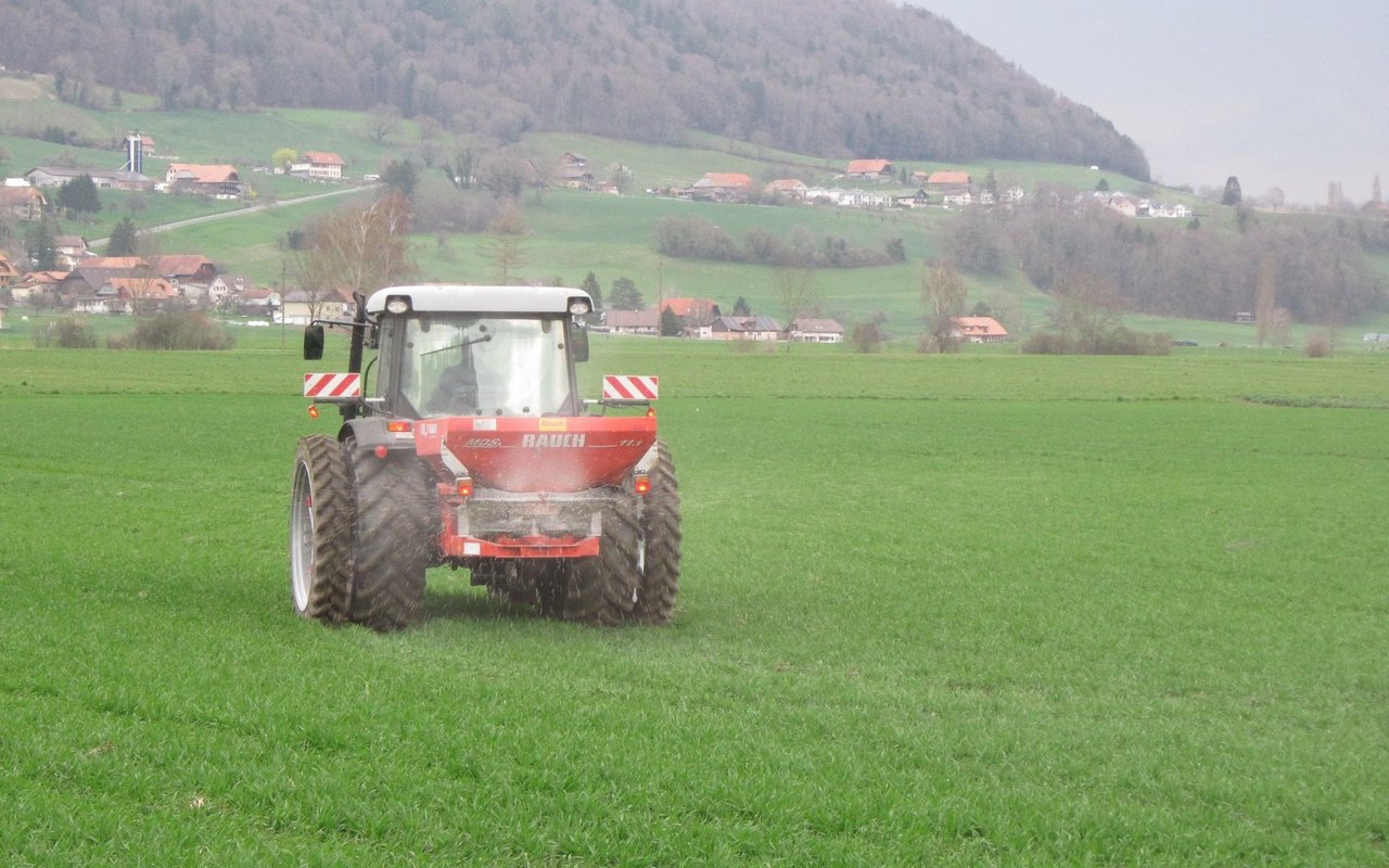 Ein Traktor fährt mit dem verteilenden Düngerstreuer über das Feld.