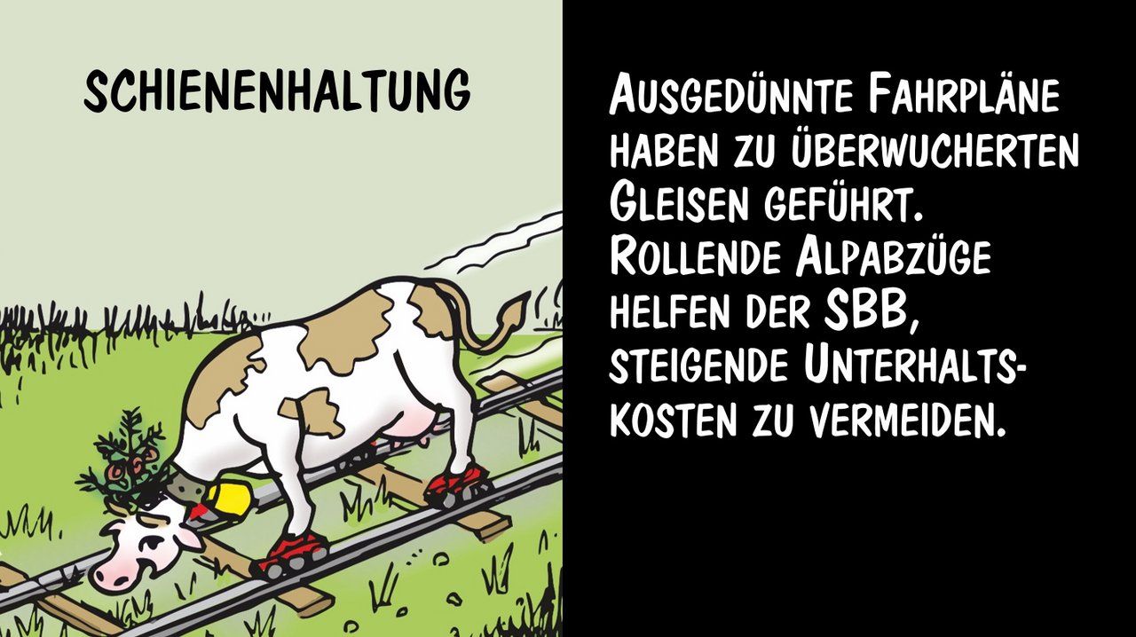 Ausgedünnte Fahrpläne haben zu überwucherten Gleisen geführt. Cartoon: Marco Ratschiller/KarmanSchienenhaltung: 