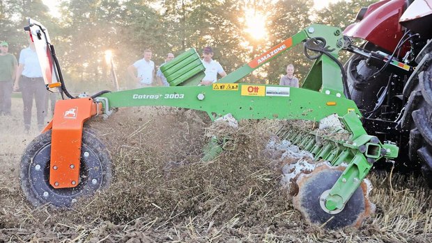 Die gezackten Scheiben der Catros 3003 durchschneiden das Stoppelfeld und durchmischen die obere Bodenschicht. In Kombination mit einer Messerwalze eignet sich diese Scheibenegge auch fürs Einarbeiten von Gründüngungen.