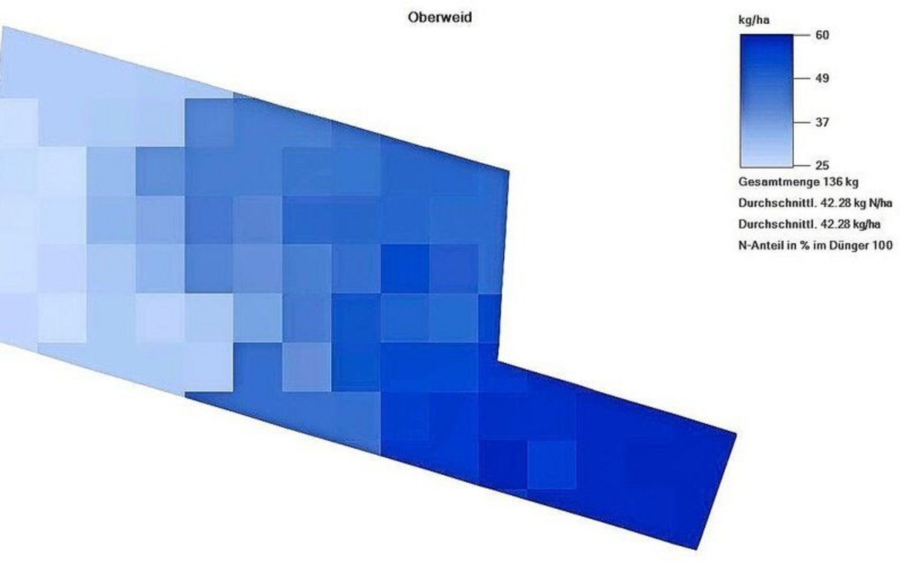 Aufgrund der Vegetation wurde diese Ausbringkarte erstellt. Die Zonen mit viel Biomasse (dunkle Farbe) erhalten mehr Dünger. 