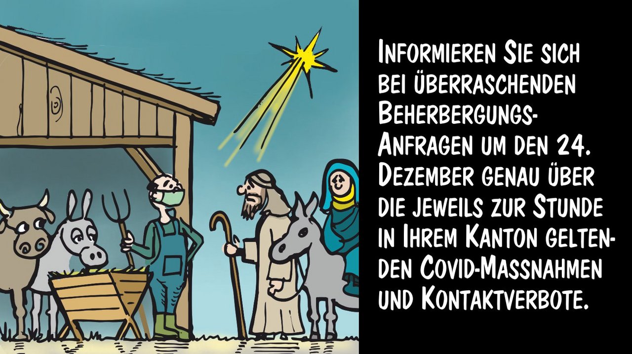 Schlafen im Stroh unterliegt vielleicht einer Covid-Massnahme. Cartoon: Marco Ratschiller/Karma