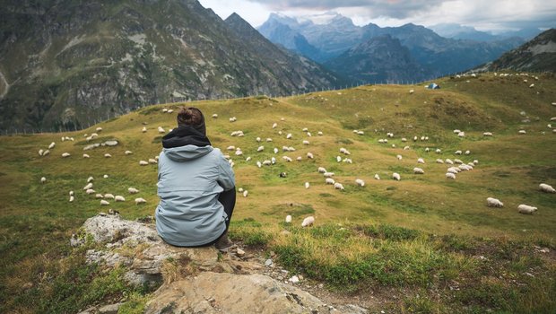 Oppal: Personalmangel und Wolf auf der Alp Eine Frau sitzt erhöht auf einem Stein und beobachtet die Schafherde auf der Alpweide unter ihr.