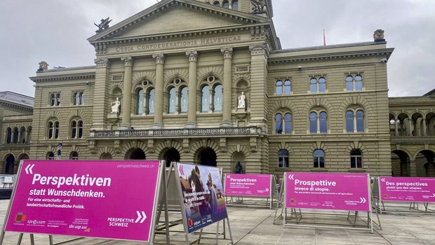 Plakate der «Perspektive Schweiz»-Kampagne vor dem Bundeshaus.