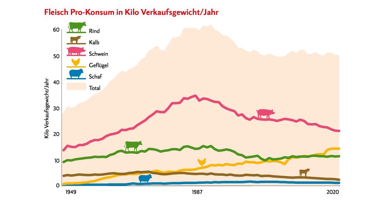 Die Grafik zeigt, dass der Höhepunkt beim Fleischkonsum 1987 erreicht wurde. Seither sinkt der Konsum. Als einzige Fleischart konnte Geflügelfleisch kräftig zulegen. 2020 stabilisierte sich Geflügel auf 14,2 Kilo pro Kopf. Quelle: Proviande