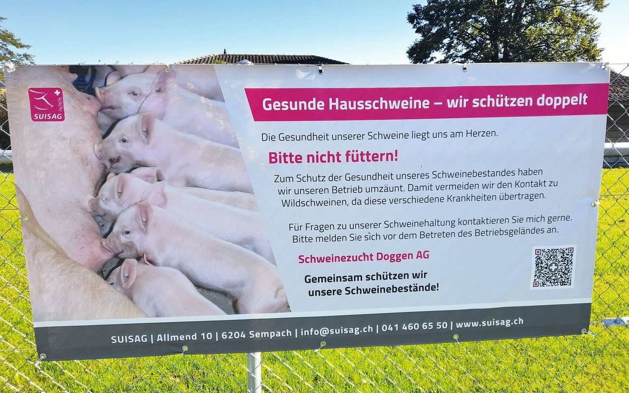 Hinweisschilder informieren Passanten über den Schutz des Schweinebestandes hinsichtlich möglicher Krankheitsübertragungen. 