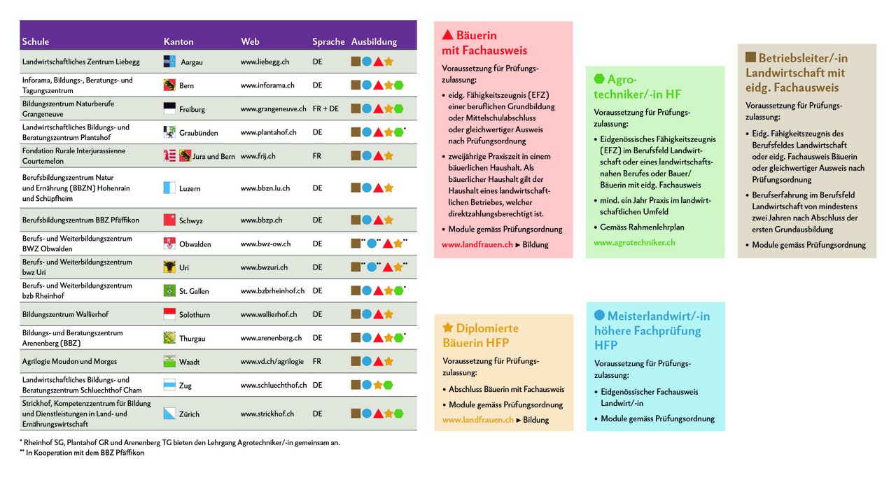 Die höheren Berufsbildungen beziehen sich auf den Bereich Landwirt/-in. Die Bereiche der Spezialberufe aus dem Berufsfeld Landwirtschaft und die Pferdeberufe werden in dieser Zusammenstellung nicht aufgeführt. (Stand Dezember 2018) Grafik: Nicole Geiser
