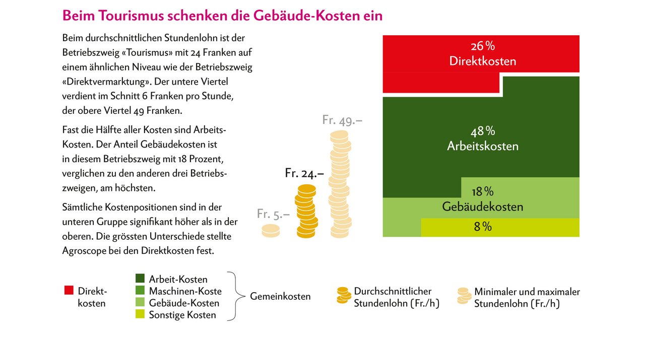 Beim durchschnittlichen Stundenlohn ist der Betriebszweig «Tourismus» mit 24 Franken auf einem ähnlichen Niveau wie der Betriebszweig «Direktvermarktung». Infografik: Doris Rubin